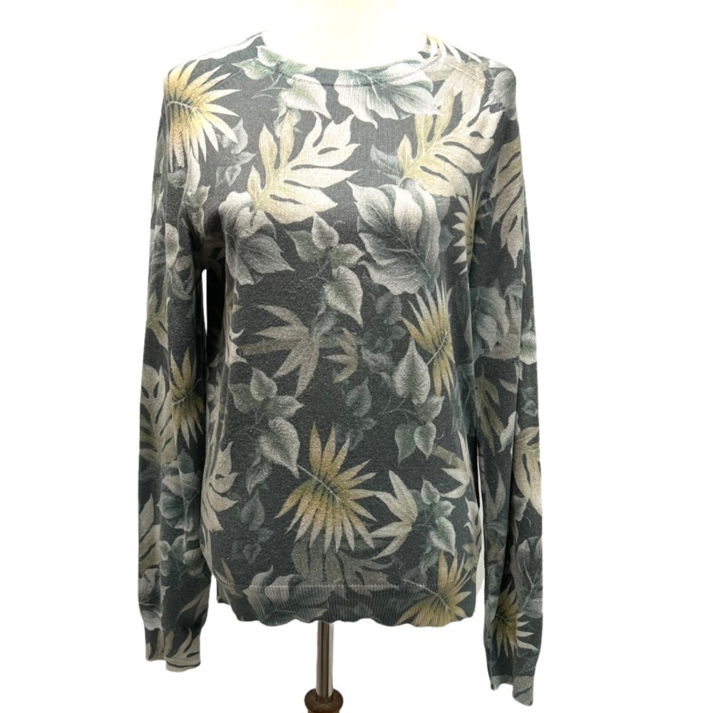 Saks Fifth Avenue Green Palm Print Cotton Blend Sweater